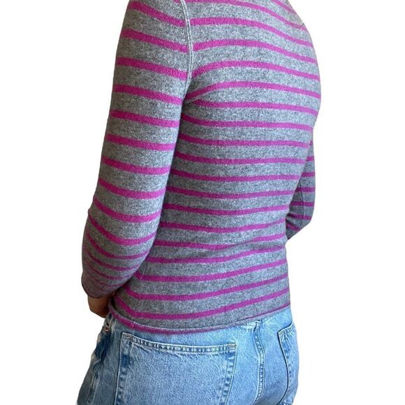 Garnet Hill Womens 100% Cashmere Pink Gray Striped Crewneck Sweater Sz XS - Picture 6 of 8
